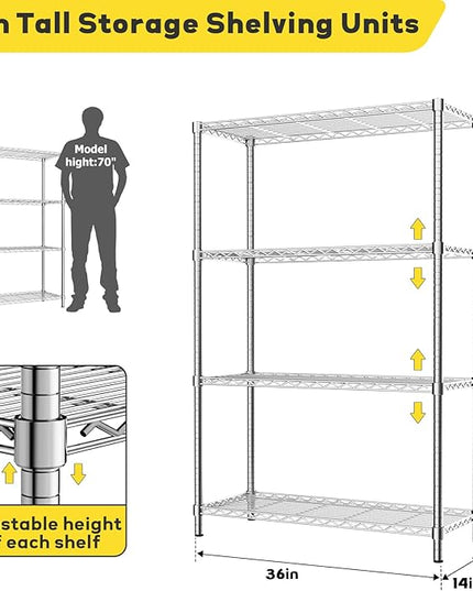 Storage Shelves Heavy Duty, 36" L x 14" W x 54" H Garage Wire Shelving Unit Loads 1400LBS, 4-Tier Adjustable Metal Industrial Utility Shelf Rack for Kitchen, Laundry Room, Pantry, Warehouse, Basement