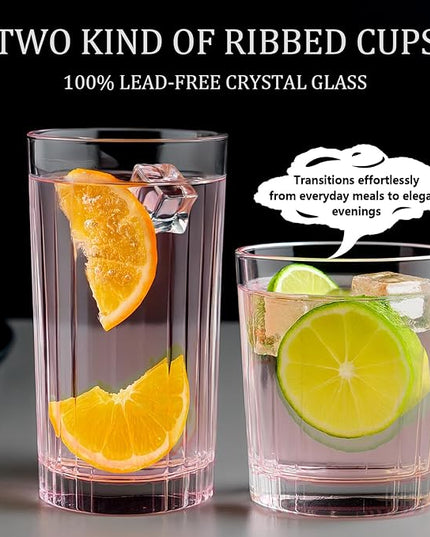 Laerjin Drinking Glasses Set of 8, 12 oz Highball Glasses & 10 oz Cocktail Glasses Set, Glassware Drinking Glasses, Glassware Sets for Cocktail, Beer, Wine, Whiskey, Water & Juice Drinkware(Pink)