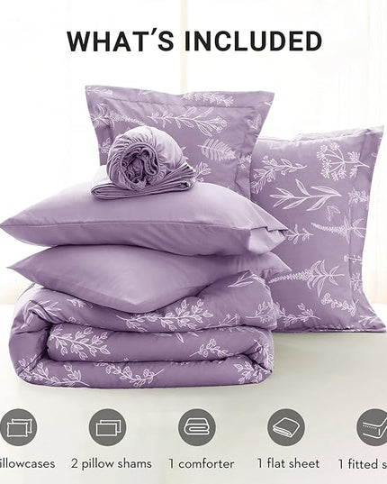 MUXHOMO Grayish Purple Full Comforter Set, Elegant Floral Print Bed in a Bag 7 Pieces, Ultra Soft & Breathable Reversible Botanical Pattern Bedding Set with Comforter, Sheets, Pillowcases, and Shams