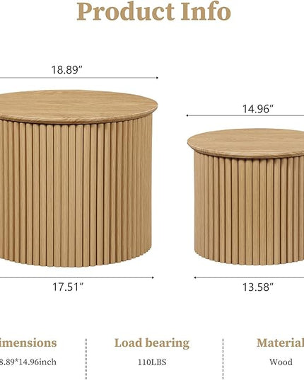 Fluted Round Nesting Coffee Table Set of 2, Small Coffee Table Circle Side Table, Boho Modern Wood Nesting Table Farmhouse End Tables Set for Living Room, Bedroom, Small Spaces(Natural)
