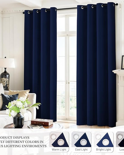 Yakamok Navy Blue 100% Blackout Curtains 96 Inches Long Thermal Insulated Window Curtain for Bedroom Living Room Darkening Set of 2 Panels Grommet Top Drapes with 2 Thick Layers 52x96 Inches Dark Blue