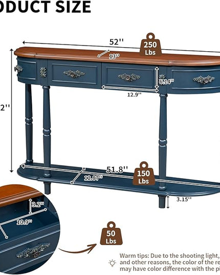 HMFULE Retro Curved Console Table, 52" Half Moon Sofa Entryway With 2 Drawers 1 Open Shelf, Solid Pine Legs for Living Room, Hallway, Navy Blue