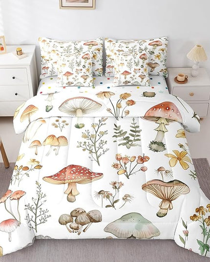 Feelyou Mushroom Comforter Set with Sheets Natural Wild Fungus Quilt Set for Kids Boys Girls Bedroom Bed Decor Botanical Plant 7 Piece Bedding Set Full Size Galaxy Bed Set