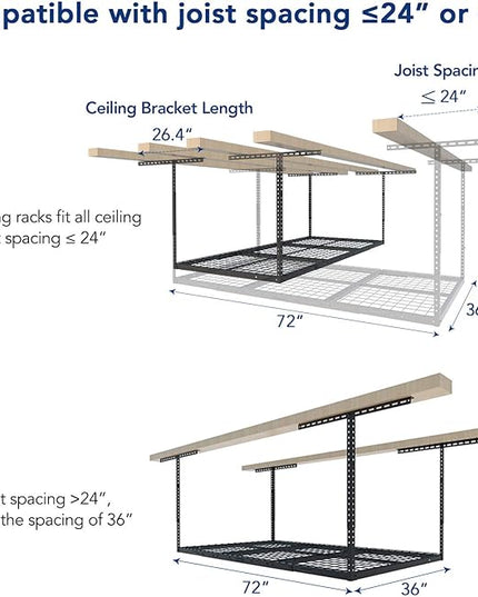 FLEXIMOUNTS 3x6 Overhead Garage Storage Adjustable Ceiling Rack 72" Length x 36" Width x 40" Height, 450lbs Weight Capacity, Black, Classic Series