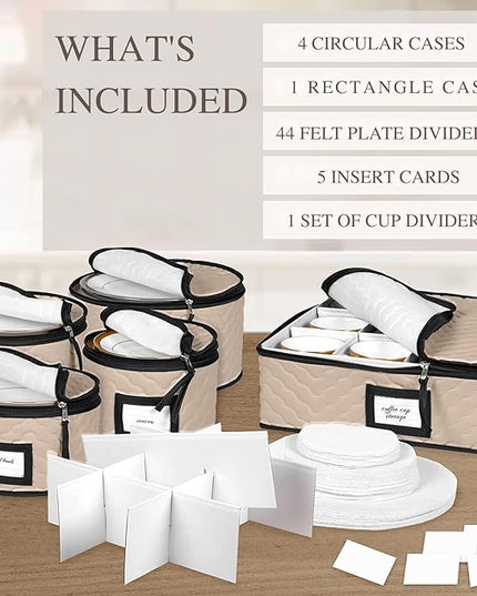 China Storage Containers 5-Piece Set Moving Boxes for Dinnerware, Glasses, Plates, Mugs and Saucers Sturdy Quilted Microfiber Dish Organizer with Dividers for Seasonal Storage - Holds Set of 12, Brown
