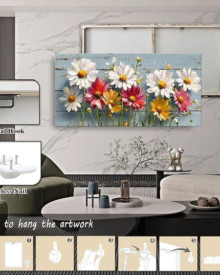 KZKU Rustic Daisy Floral Canvas Wall Art-White Pink Yellow Flowers on Blue Wood Background- Large Modern Farmhouse Decor for Living Room Bedroom24X48in