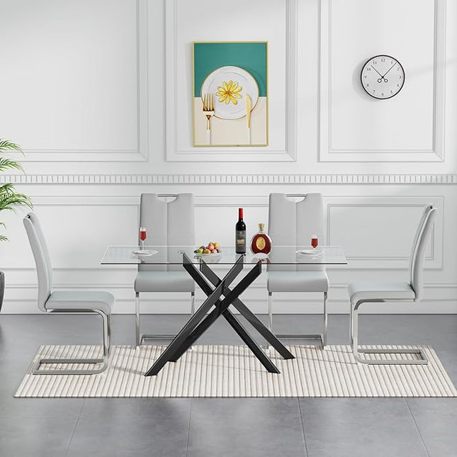 HomVent 5 Pieces Rectangular Glass Dining Table Table Set, Glass Kitchen Table Set for 4 with 4 PU Dining Chairs for Kitchen Dining Room