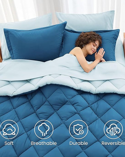 MUXHOMO 7 Pieces California King Comforter Set, Reversible Bed in a Bag Cal King Size, All Season Bedding Set with Comforter, Flat Sheet, Fitted Sheet, Pillowcases & Shams, Teal & Lake Blue