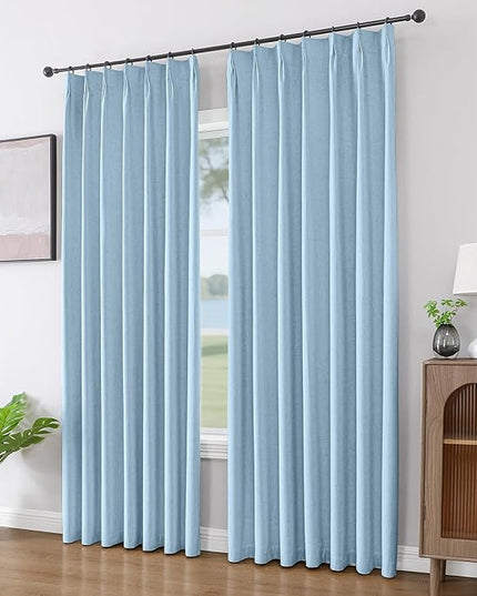 Joydeco Pinch Pleated Linen Curtains Darkening Drapes for Bedroom, 100% Blackout Drapes 96 inches Long 2 Panels Heat Blocking Curtains(Chambray Blue,40'' Wx96'' L)