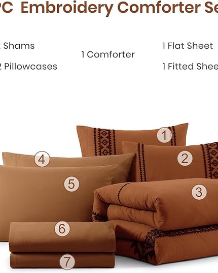 MaiRêve Burnt Orange Embroidery Comforter Sets Full Size - 7 Pieces, Farmhouse Western Boho Comforter Set, All Season Bed in A Bag Full Size with Sheets, Pillowcases & Shams