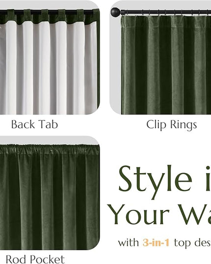 Lazzzy Green Velvet Blackout Curtains 90 Inches Long Thermal Insulated Room Darkening Lined Curtain Drapes Luxury Back Tab Window Treatments for Bedroom Living Room 2 Panels, 52 x 90 Inch, Moss Green