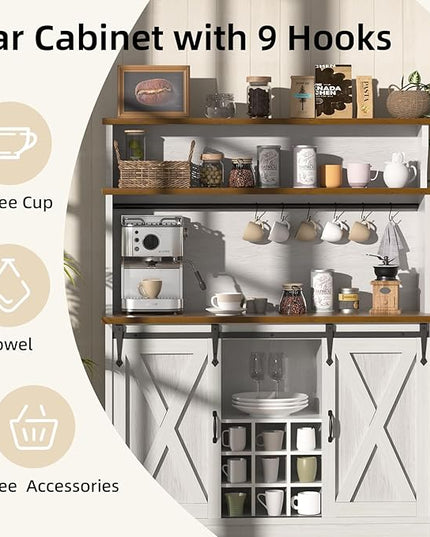 Farmhouse Coffee Bar Cabinet with 3 Tier Storage Hutch, 47'' Coffee Bar Station with Sliding Barn Door, Hutch Storage Cabinet with 9 Wine Racks & 9 Hooks for Kitchen Dining Living Room