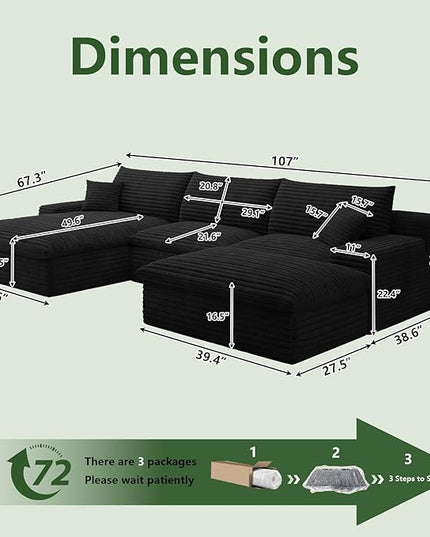 107" Cloud Couch Modular Sectional Sofa for Living Room, U-Shape Boneless Couch with Deep Seat, Modern Corduroy 3-Seater with Ottoman, No Assembly Required (Black,Left-Facing Chaise)