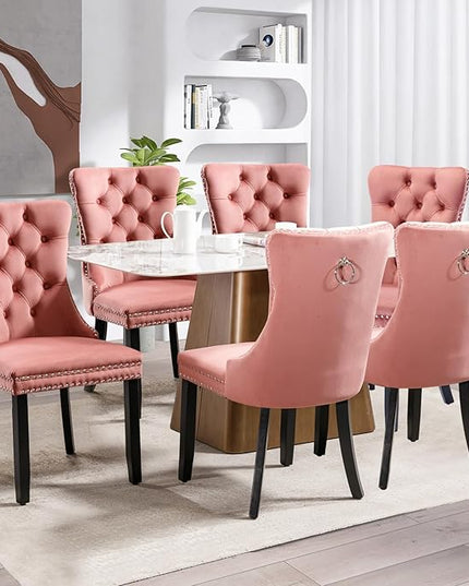 SoarFlash Velvet Dining Chairs Set of 6, Tall Back Side Chair, Modern Upholstered High-end Tufted Side Chair with Button Back Ring, Solid Wood Legs (Pink)