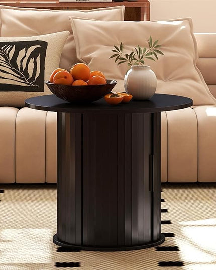 COSVALVE Round Wood Coffee Table 23.6IN with Hidden Storage & Sliding Door, Circle Farmhouse Side Table Sets for Living Room, Bedroom, Balcony, Small Spaces, Black