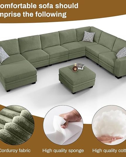 Legend Vansen Sectional Couches for Living Room,L-Shaped Corduroy Sofa with Ottoman for Living Room,Bedroom and Apartment (Olive, U-9)