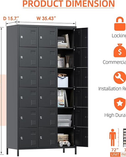 Aobabo 18 Doors Metal Storage Locker for Employees, Lockable Storage Locker with Metal Leg for Employees School Office Gym, Black, Assembly Required