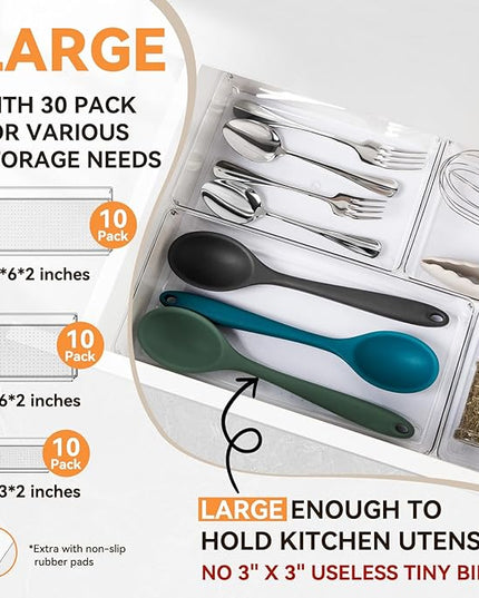 Criusia 30 Pack Large Clear Plastic Drawer Organizer Bins - Acrylic Kitchen Drawer Organization and Storage Dividers for Utensils Gadgets, Office Bathroom and Vanity Organizer for Makeup Accessoires