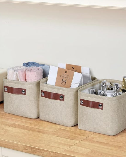 Kntiwiwo Small Fabric Storage Bins, 7.8x6.7x5.9 inch Mini Storage Cubes 4-Pack Storage Basket for Makeup Collapsible Fabric Storage Organizer with Handles, Decorative Basket for Desk, Shelves, Brown