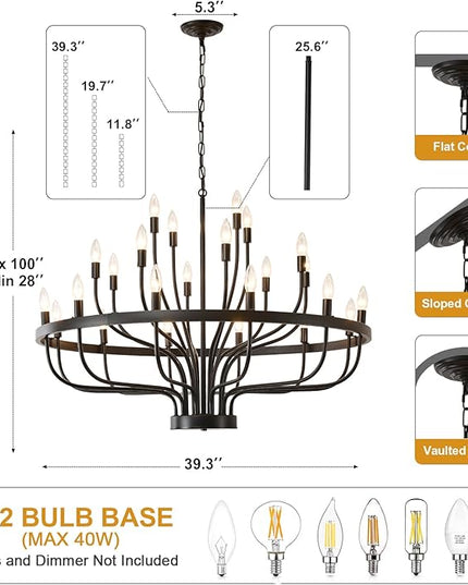 39.3 Inch Chandelier 24 Light Black Dining Room Light Fixture, Black Farmhouse Chandeliers for Dining Room, Large Chandelier Rustic Industrial Candle Chandeliers for Hallway, Entryway,Office,Bar