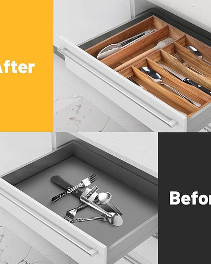 Kitchen Acacia Silverware Organizer - Extra Deep Grooved Drawer Divider, 7 Slot Utensil Organizer