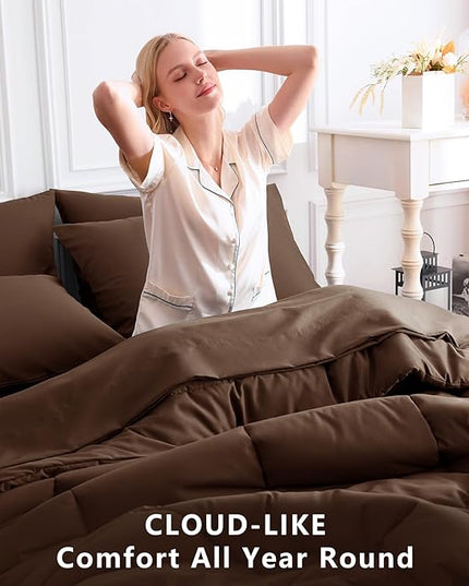 CozyLux King Size Comforter Set Brown, 7 Pieces Bed in a Bag, Brown Comforter King Size, All Season Bedding Sets with Stitch Quilted Comforter, Flat Sheet, Fitted Sheet, Pillowcases