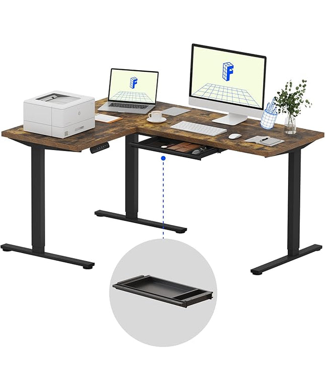 FLEXISPOT L Shaped Standing Desk, 63 x 47 Inch Electric Height Adjustable Corner Desk, Sit Stand Computer Workstation, Preset Controller, Home Office, Black Frame with Rustic Brown Top, Black Drawer