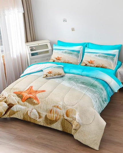 Bedbay Beach Themed Comforter Set - Cal King, Sheets, Starfish Sea Life Printed - Women's Adult Coastal Bedding - Aqua