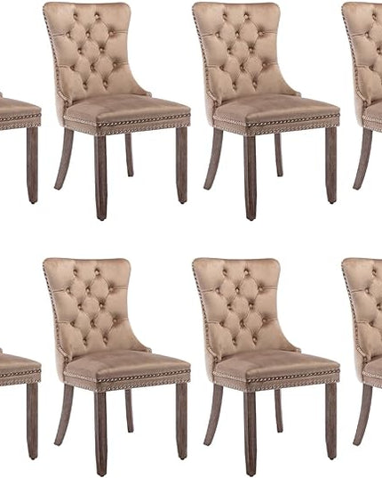 SoarFlash Velvet Dining Chair Set of 8, Upholstered Tufted Dining Room Chair with Nailhead Trim and Solid Wood Leg for Kitchen (Khaki)