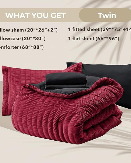 HYMOKEGE Red & Black Twin Comforter Set Seersucker 5 Pieces, All Season Luxury Bed in a Bag for Bedroom, Bedding Set with Comforters, Sheets, Pillowcase & Sham