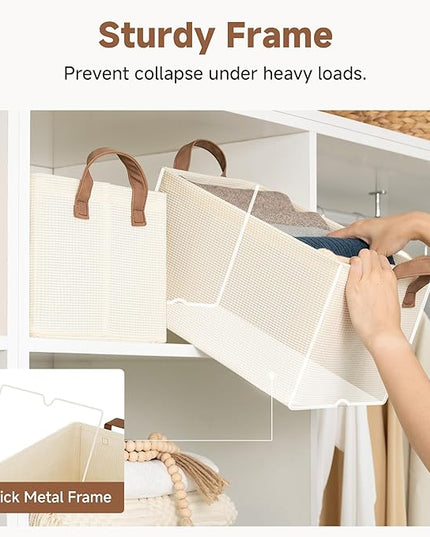 StorageWorks Storage Bins, Shelves Baskets for Organizing, Fabric Closet Organizers with Handles, Metal Frame, Beige（Texture）, 2-Pack