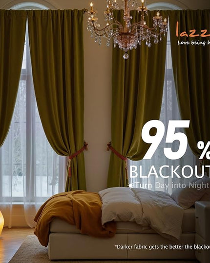 Lazzzy Velvet Blackout Curtains Thermal Insulated Room Window Drapes Super Soft Luxury Curtains for Living Room Bedroom Rod Pocket 2 Panels, Golden Olive, 52" W x 90" L