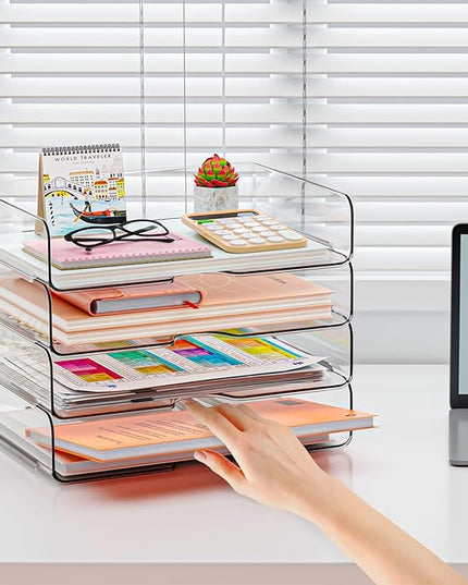 YKLSLH 4 Trays Paper Organizer Letter Tray - Acrylic Desk File Organizer, Stackable Clear Paper Holder Sorter Office Organizer for Letter/A4, Office File Ipad Books Notes Etc