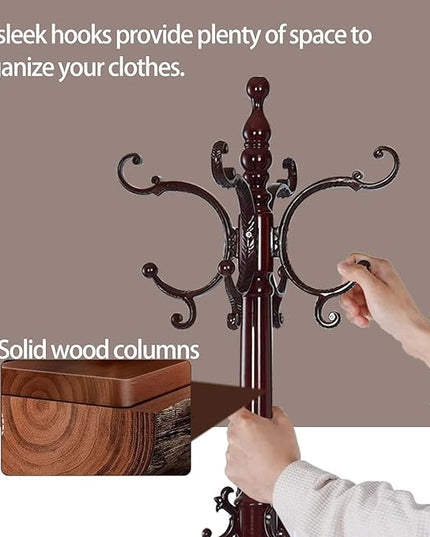 Wooden Coat Racks, Retro 78" Coat Tree with 12 Hooks & Stable Triangular Base, Entryway Coat Rack Freestanding for Hat, Clothes, Scarves, Handbags, Umbrella (Mahogany)