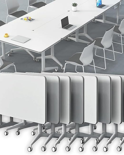 Conference Table, Folding Conference Room Tables on Wheels, Modern Meeting Seminar Table Computer Desk, Boardroom Desk for Office Meeting Conference Room,White,8 Pack 63inch