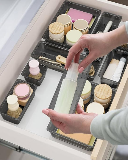 15 PCS Clear Plastic Drawer Organizer Set, 4-Size Acrylic Drawer Storage Trays, Storage Bins for Makeup, Gadgets, and Jewelry in Bathroom, Bedroom and Office, Clear Black