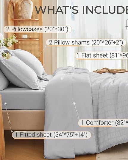 MUXHOMO 7 Pieces Full Comforter Set, Seersucker Bed in a Bag Full Size, All Season Luxury Bedding Set with Comforter, Flat Sheet, Fitted Sheet, Pillowcases & Shams, Light Grey