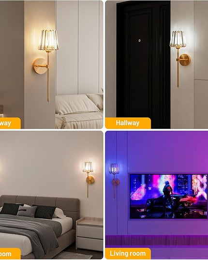 Crystal Battery Operated Wall Sconces Set of 2, Gold Rechargeable Wireless Wall Sconce Lights with Crystal Lampshade, 12 RGB and 3CCT Dimmable Wall Lamps with Remote for Bedroom Living Room Hallway
