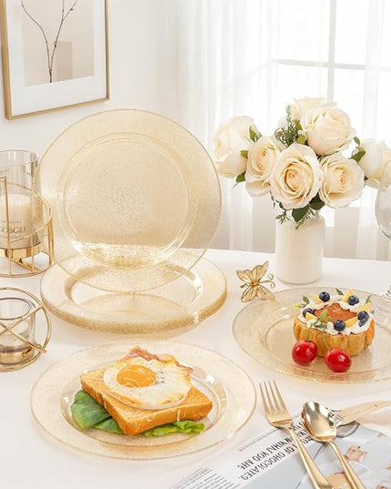 bUCLA 100PCS Gold Glitter Plastic Plates - 10.25inch Premium Plastic Glitter Disposable Dinner Plates - Ideal for Party & Thanksgiving