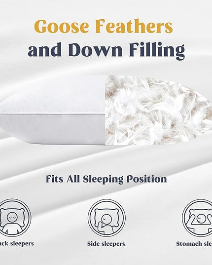 puredown® Goose Feathers and Down White Pillows with 100% Soft Cotton Cover, Bed Sleeping Hotel Collection Pillows Set of 2 King Size