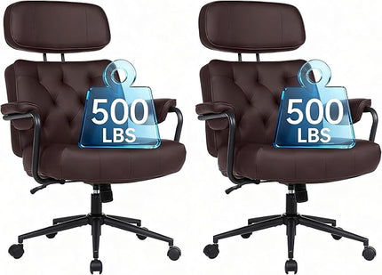 Big and Tall Office Chair 500LBS, Executive Office Chair for Heavy People, Heavy Duty Desk Chair Comfy, Computer Chair High Back PU Leather, Extra Wide Rocking Chair with Wheels Home Office, Brown 2PC