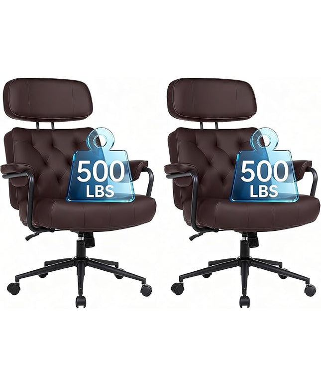 Big and Tall Office Chair 500LBS, Executive Office Chair for Heavy People, Heavy Duty Desk Chair Comfy, Computer Chair High Back PU Leather, Extra Wide Rocking Chair with Wheels Home Office, Brown 2PC
