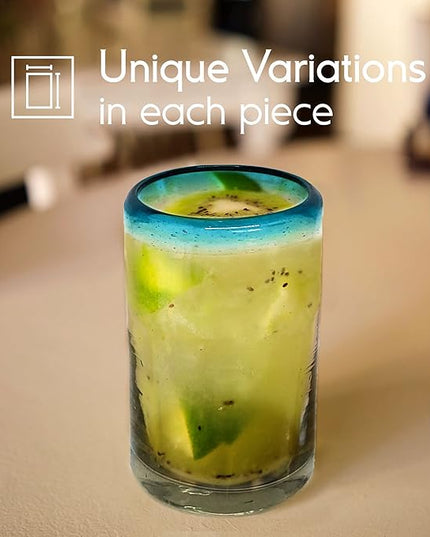 Aqua Blue Rim 9 oz Juice Glasses (set of 6) Mexican Handmade Glassware, Recycled Glass, Lead-free, Toxin-Free (Juice)