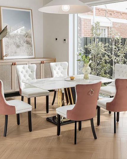 SoarFlash Leather Dining Chairs Set of 6, Tall Back Side Chair, Modern Upholstered Side Chair with Button Back Ring, Solid Wood Legs (Pink&White)