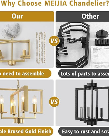 MEIJIA Hanging Lights with Plug in Cord, 4 Light Geometric Gold Plug in Chandelier with Cord 15FT & Switch, Plug in Hanging Light for Dining Room Living Room Kitchen Bedroom Gazebo