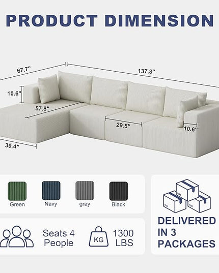 138" Boneless Couches for Living Room, Modular Cloud Couch Sofa - 4 Pieces L Shap Corduroy Sectional Sofa, Fluffy Memory Foam Sleeper Sofa Furniture, No Assembly, Wide Armrest, Beige