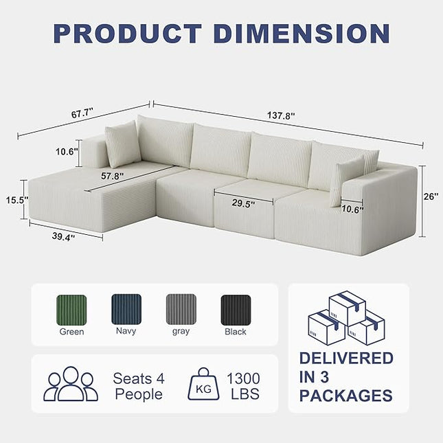 138" Boneless Couches for Living Room, Modular Cloud Couch Sofa - 4 Pieces L Shap Corduroy Sectional Sofa, Fluffy Memory Foam Sleeper Sofa Furniture, No Assembly, Wide Armrest, Beige
