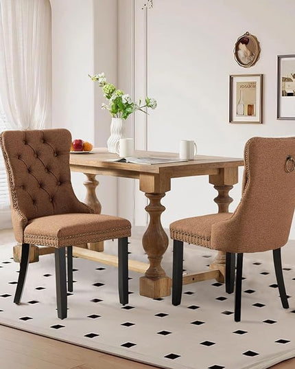 SoarFlash Linen Fabric Dining Chair Set of 2, Upholstered Tufted Dining Room Chair with Nailhead Trim and Solid Light Color Wood Leg for Kitchen (Coffee)