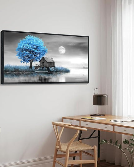 JEAWA Framed Canvas Wall Art Decor - Blue Gray Wall Art for Bedroom Study Dining Room, Winter Landscape Wall Art Canvas Paintings, Moon Pictures Wall Decor, Tree Art Wall Decor, 20x40 IN
