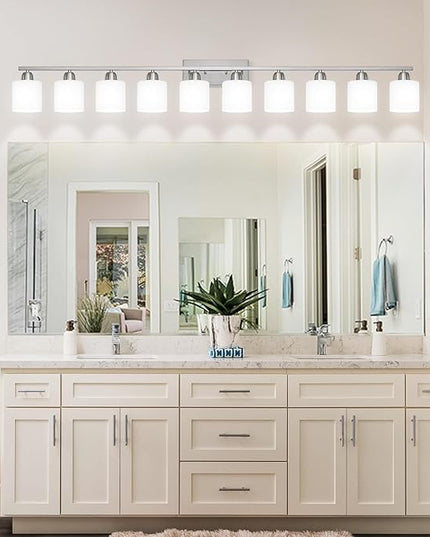 Brushed Nickel Bathroom Vanity Light for Giant Mirror, 10 Light Brushed Nickel Vanity Lights, 65 inch Wall Lamps for Bedroom for Mirrors with Milky White Frosted Glass Shades, E26
